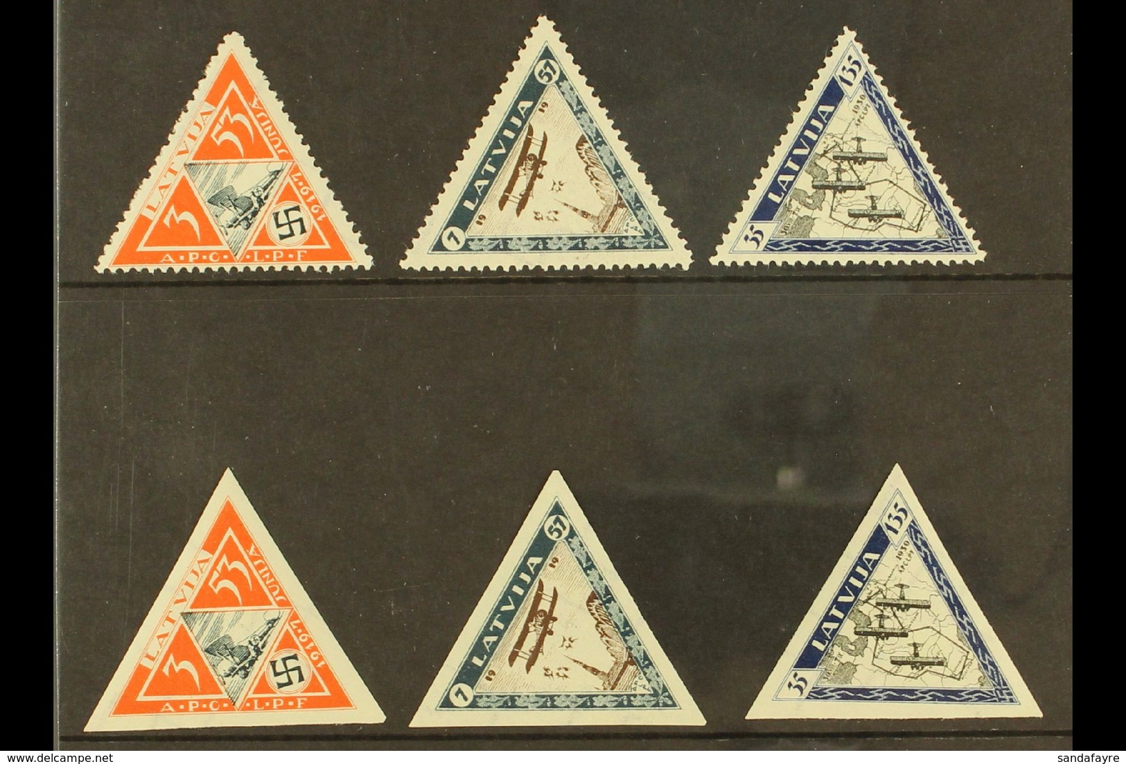 1933 Air Triangulars Complete Perf & Imperf Sets (Michel 225/27 A+B, SG 240A/42B + 240B/42B), Very Fine Mint, Fresh. (6  - Letland