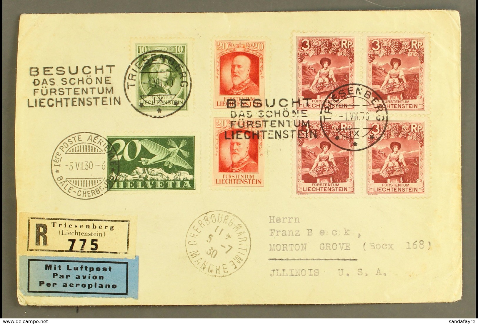 1930 BASEL TO CHERBOURG FIRST FLIGHT COVER. (5 July) Registered Airmail Cover To USA, Carried On The Basel - Cherbourg F - Andere & Zonder Classificatie