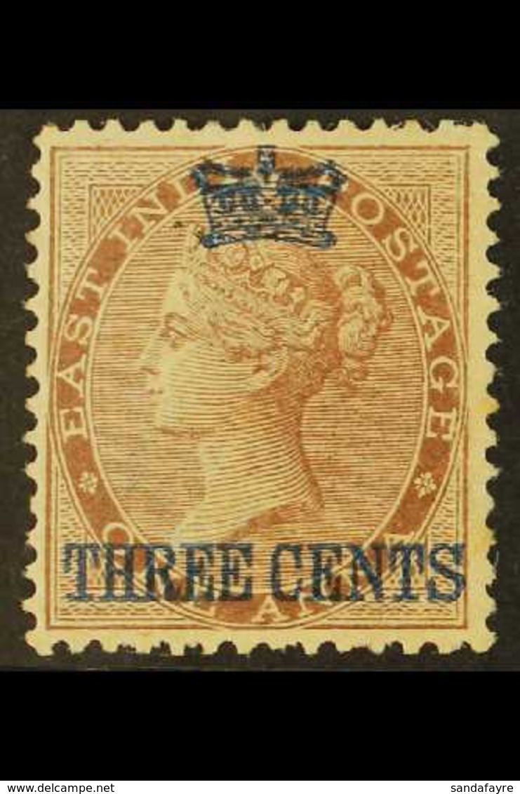 1867 3c On 1a Deep Brown, Overprinted In Blue, SG 3, Superb Mint. For More Images, Please Visit Http://www.sandafayre.co - Straits Settlements