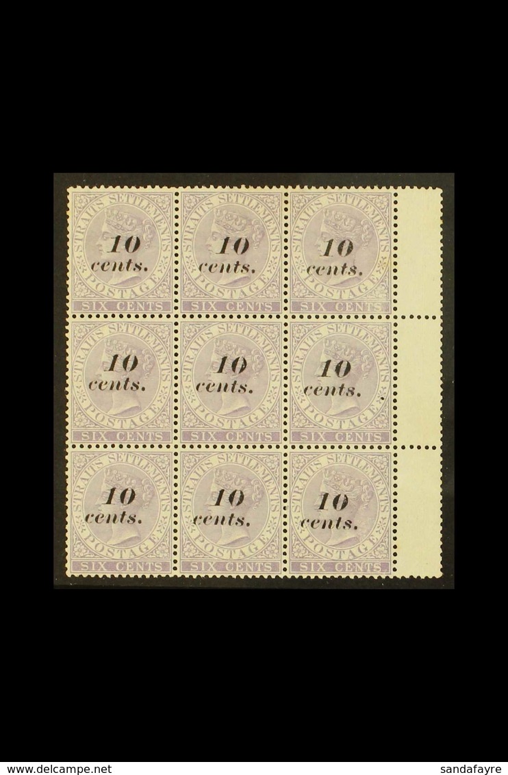 1880 10c On 6c Lilac, SG 44, Gutter Margin Block Of 9, Very Fine Mint No Gum. (9 Stamps) For More Images, Please Visit H - Straits Settlements