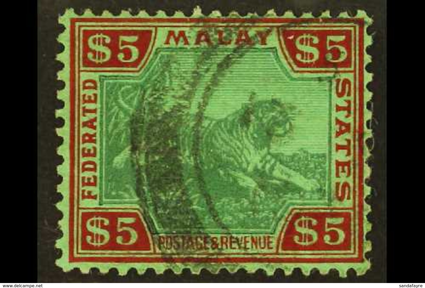 FEDERATED STATES 1922 $5 Green And Red On Green, "Tiger", SG 81, Very Fine Used. For More Images, Please Visit Http://ww - Andere & Zonder Classificatie