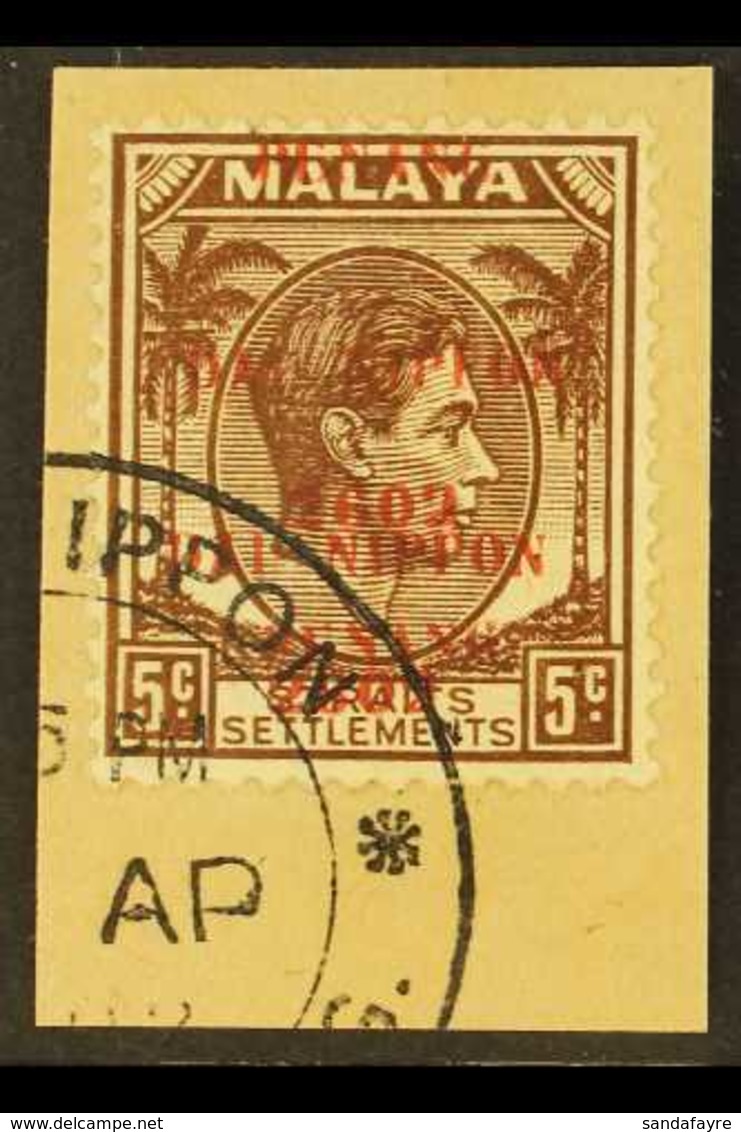 PENANG 1942 (Apr) 5c Brown With OVERPRINT DOUBLE, SG J80, Very Fine Used Tied To Piece. A Lovely Item, Ex Robson Lowe. F - Other & Unclassified