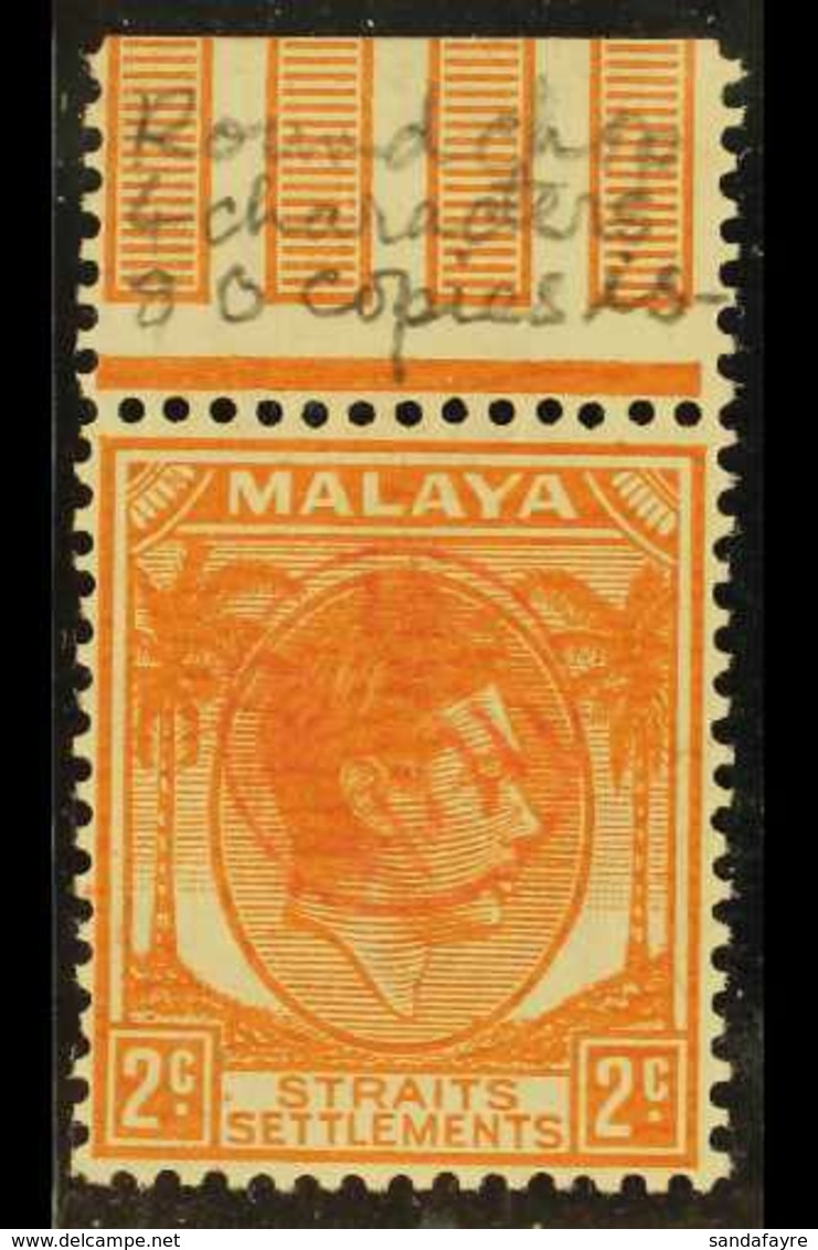 PENANG REVENUE 1942 2c Orange With Red Full- Name Akira Okugawa Circular Seal, Mint Example With Sheet Selvage At Top, T - Andere & Zonder Classificatie