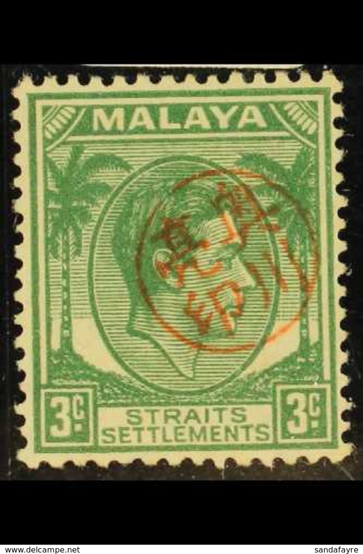 PENANG REVENUE 1942 3c Green With Red Full- Name Akira Okugawa Circular Seal, Mint Large Part OG. BPA Number (but No Cer - Other & Unclassified