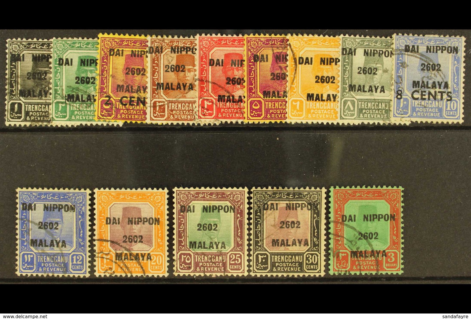 TRENGGANU 1942 "Dai Nippon 2602 Malaya" Overprint Set To $3 Complete, SG J119/32, Very Fine Used. Scarce Set.  (14 Stamp - Sonstige & Ohne Zuordnung