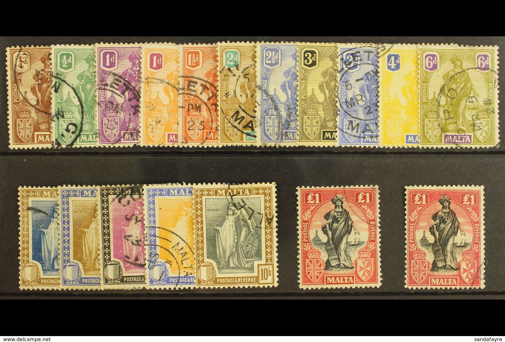 1922 "Malta" Allegory Set Complete Including Both £1 Printings, SG 123/140, Very Fine And  Fresh Used. (18 Stamps) For M - Malta (...-1964)