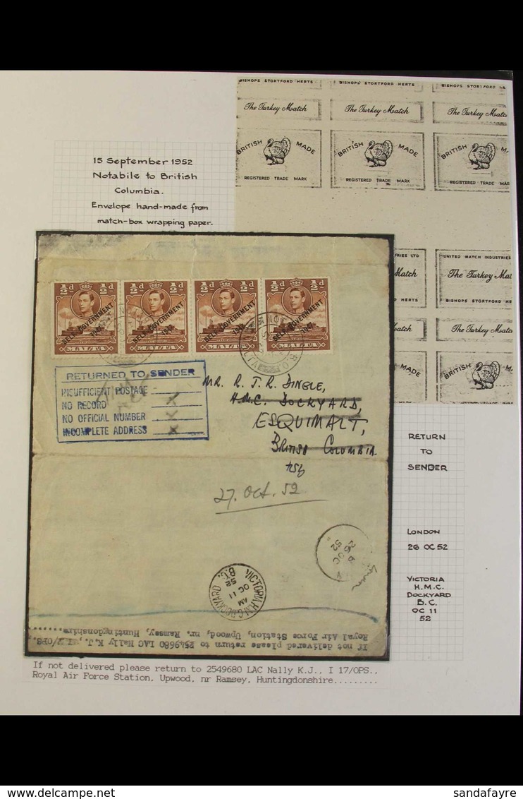 1948-53 "SELF-GOVERNMENT" OVERPRINTS EXHIBITION-LEVEL COVERS COLLECTION Informatively Written Up On Leaves, Includes Chi - Malta (...-1964)