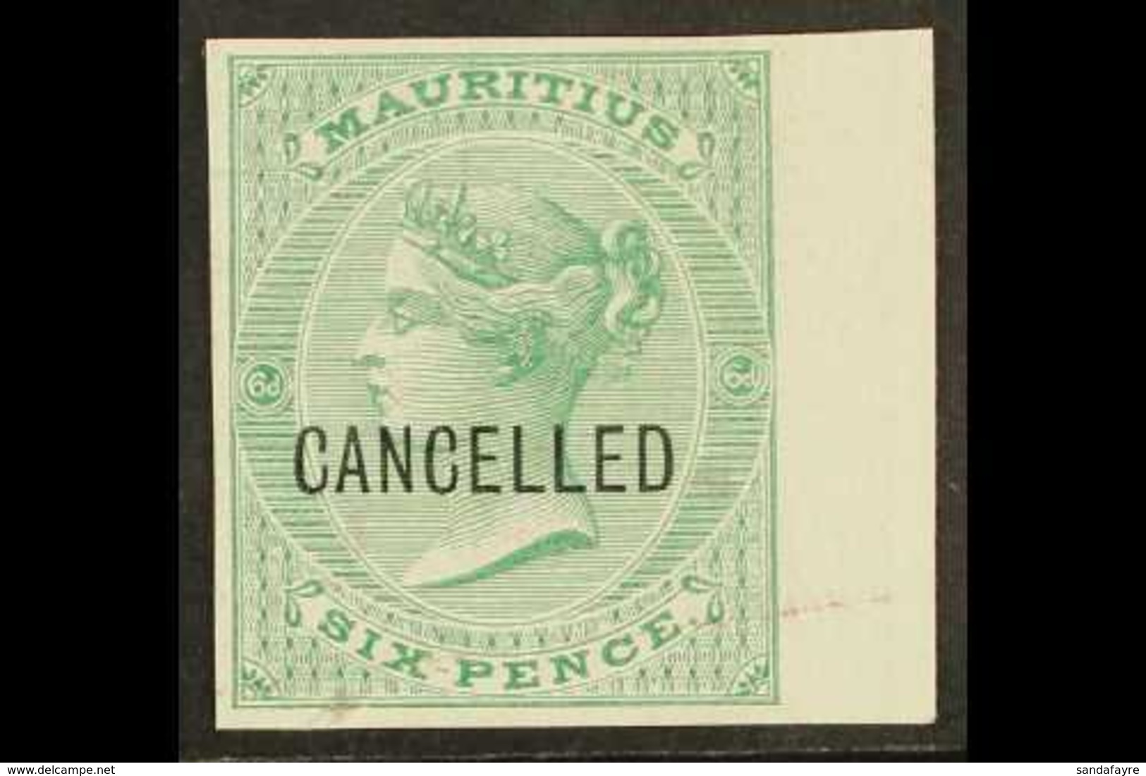 1863 6d Blue-green De La Rue (SG 65) IMPERF PLATE PROOF Overprinted "Cancelled" On White Surfaced Paper With 4 Good Marg - Mauritius (...-1967)