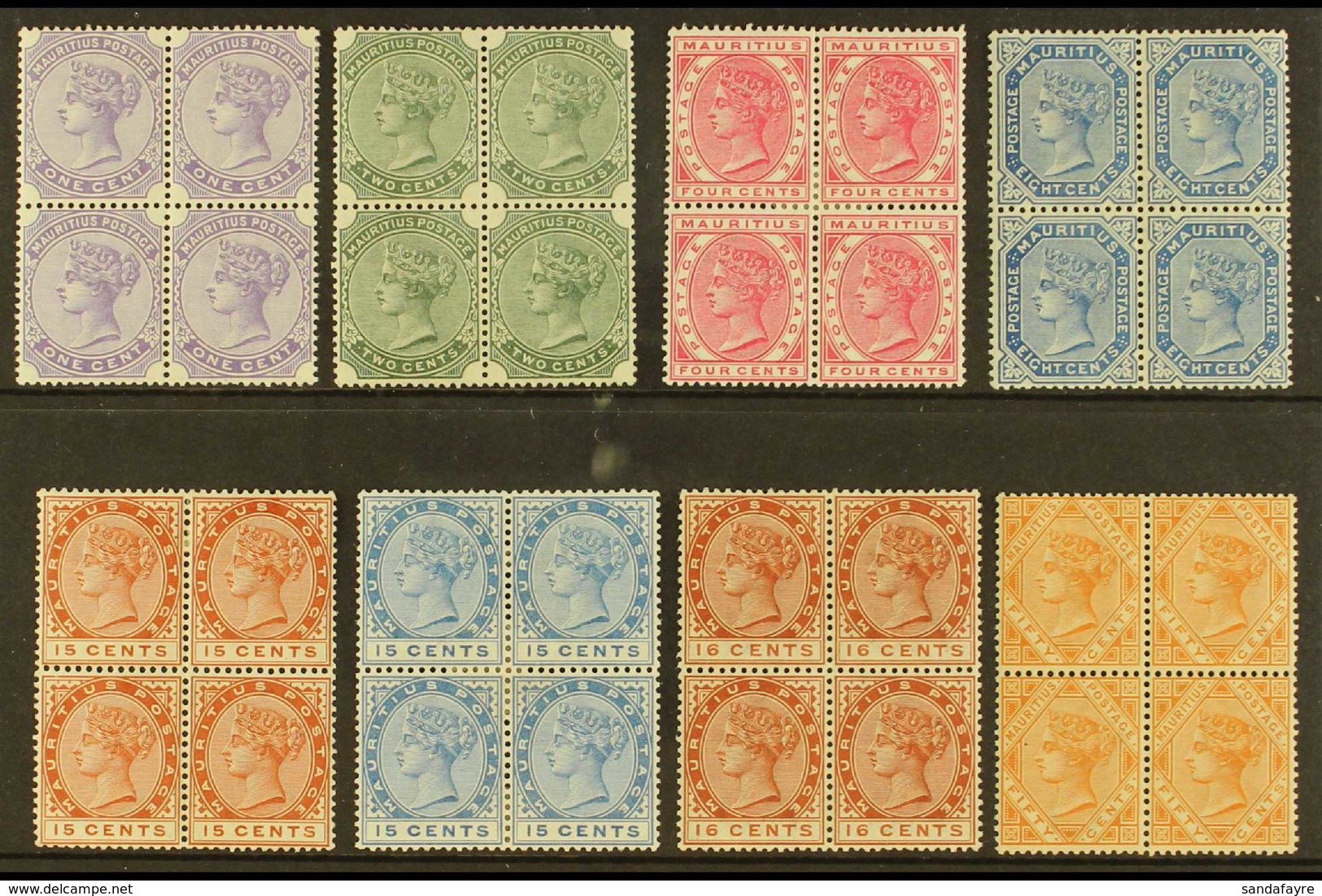 1883-94 Watermark Crown CA Fine Mint Group Of BLOCKS OF FOUR With 1c, 2c Green, 4c Carmine, 8c, 15c Chestnut, 15c Blue,  - Mauritius (...-1967)