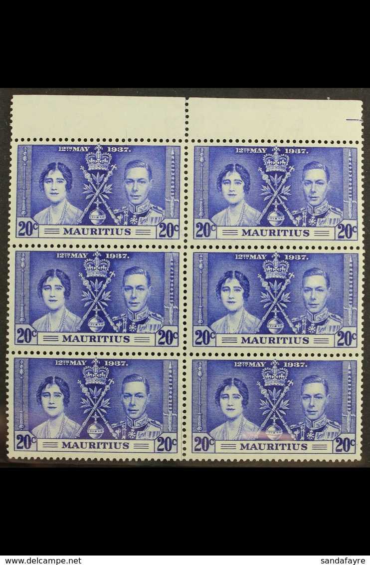 1937 CORONATION VARIETY 20c Bright Blue "LINE THROUGH SWORD" Variety, SG 251/251a In A Marginal Never Hinged Mint Block  - Maurice (...-1967)