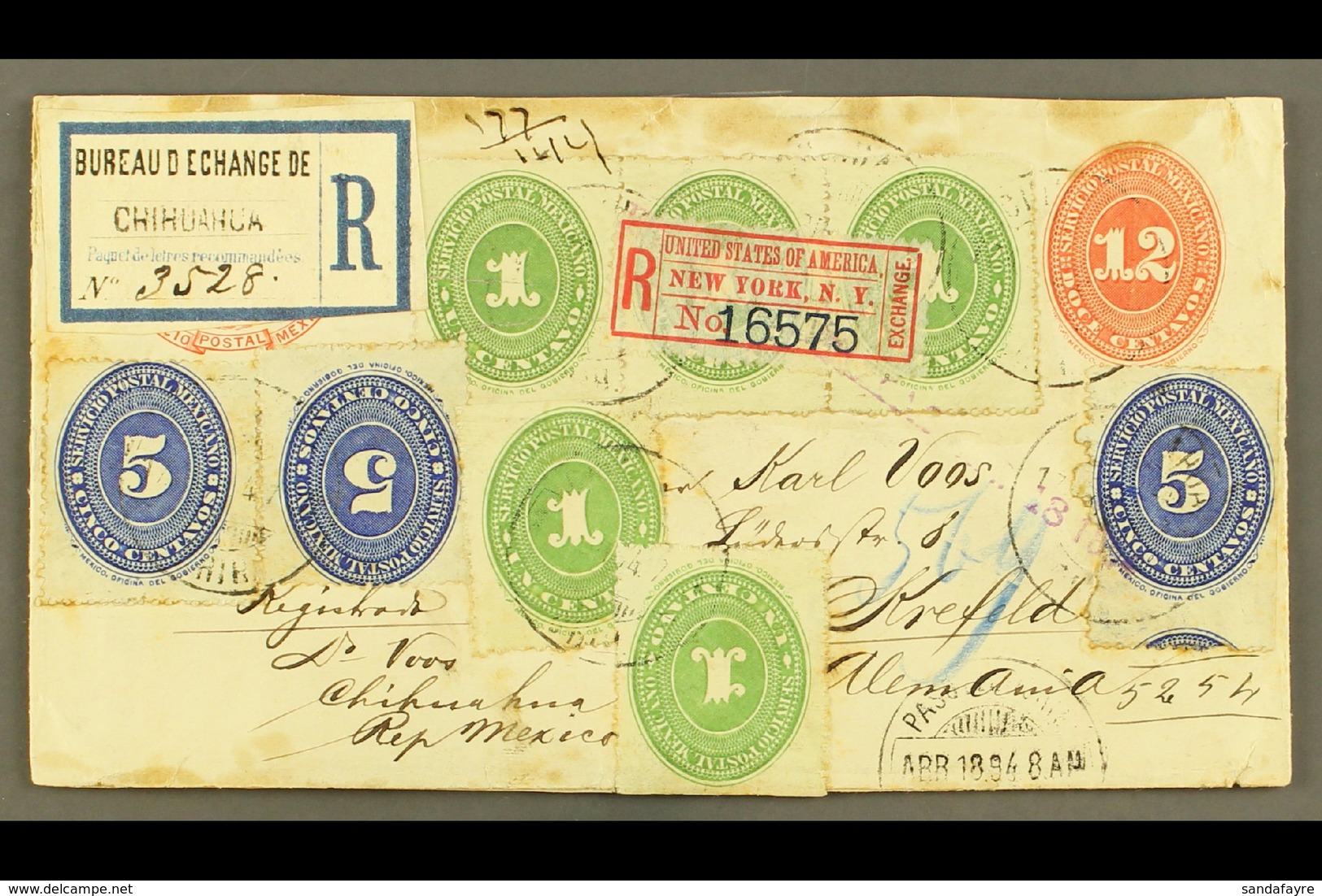 1894 (17 Apr) 12c Scarlet Numeral Ps Envelope To Germany, Registered And Uprated With 1890-95 1c (x5 Inc Strip Of 3) & 5 - Mexico