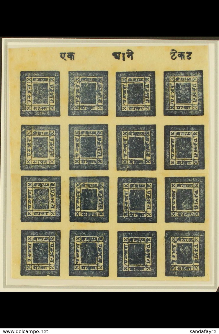 1886-9 1a Deep Blue, Blurred Impressions, Medium To Thick Paper, Top Left Corner Marginal BLOCK OF 16 (two Blocks Of 8 R - Nepal