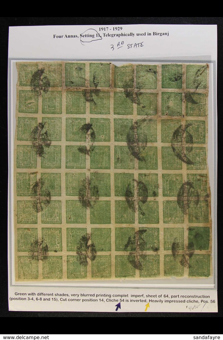 1917-30 4a Yellow-green (SG 41, Scott 17, Hellrigl 43f), Setting 11, Third State, A COMPLETE SHEET OF 64 (partially Reco - Nepal