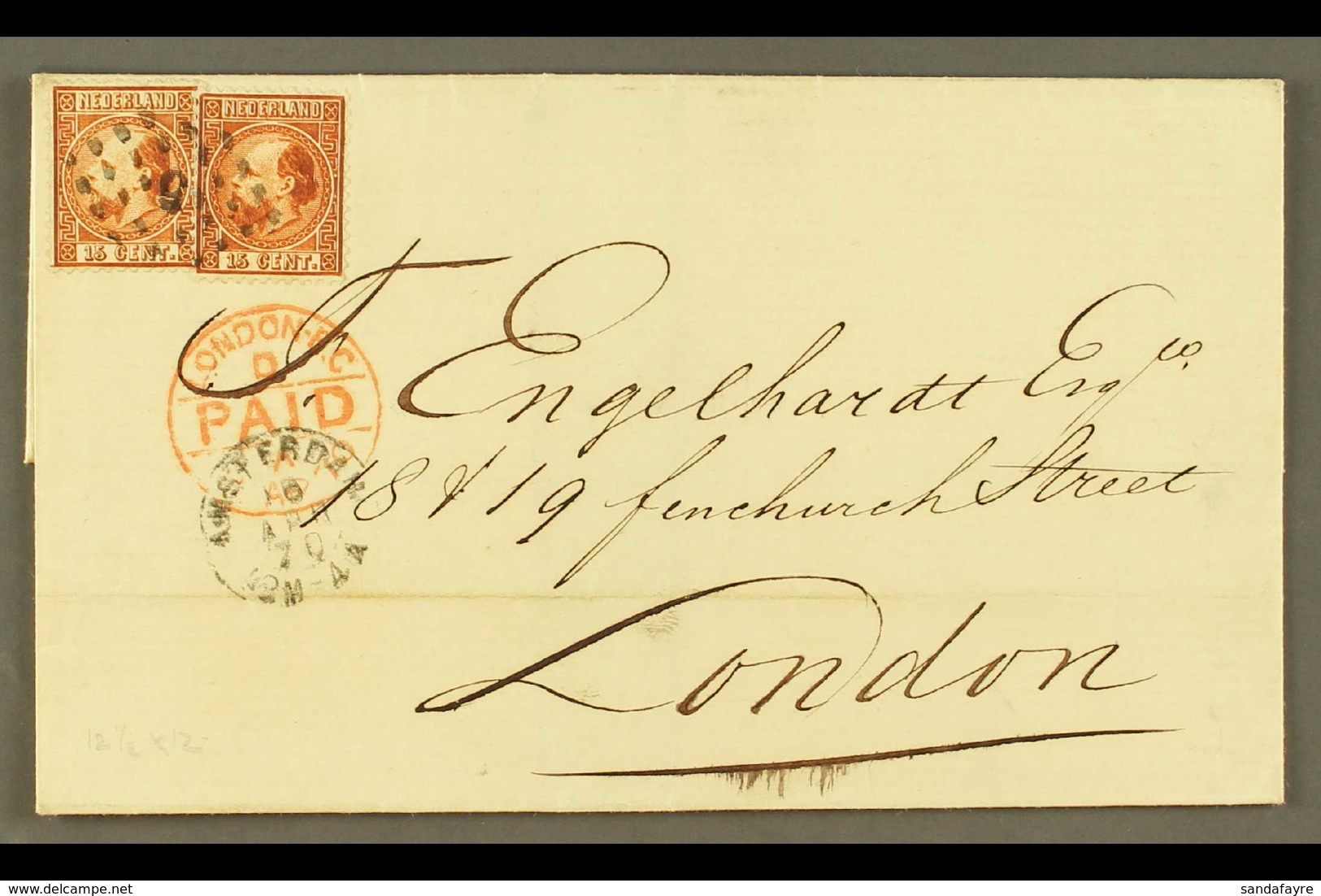 1870 Entire Letter From Amsterdam To London Franked 2 X 15c Chestnut, Die I, SG 13, Tied By Dotted "5" Cancel. Very Fine - Other & Unclassified