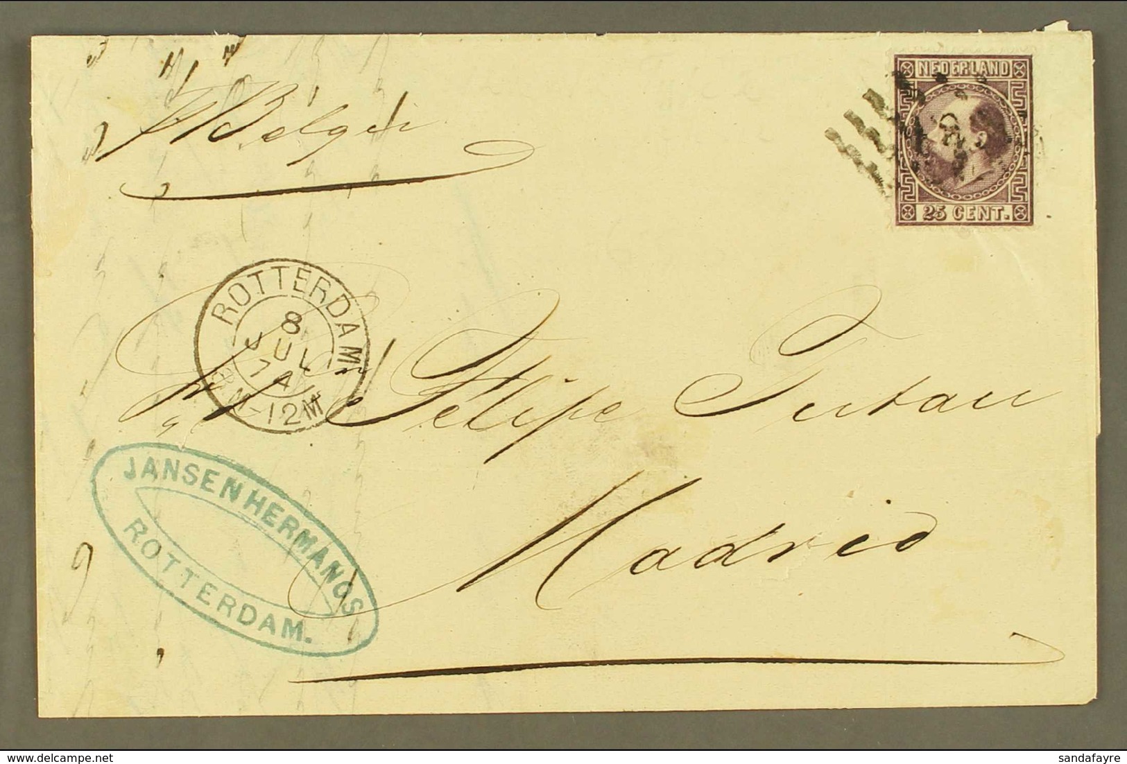 1874 Entire Letter From Rotterdam To Madrid Franked 25c Violet, Die II, Tied By Dotted "8" Cancel. Very Fine And Fresh S - Autres & Non Classés