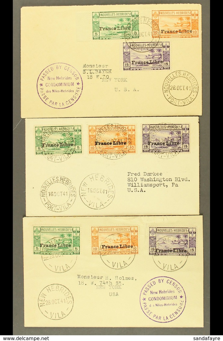 FRENCH 1941 Three Censored Covers Addressed To USA, Each Bearing 1941 5c, 10c & 15c "France Libre" Overprints (SG F53/55 - Sonstige & Ohne Zuordnung