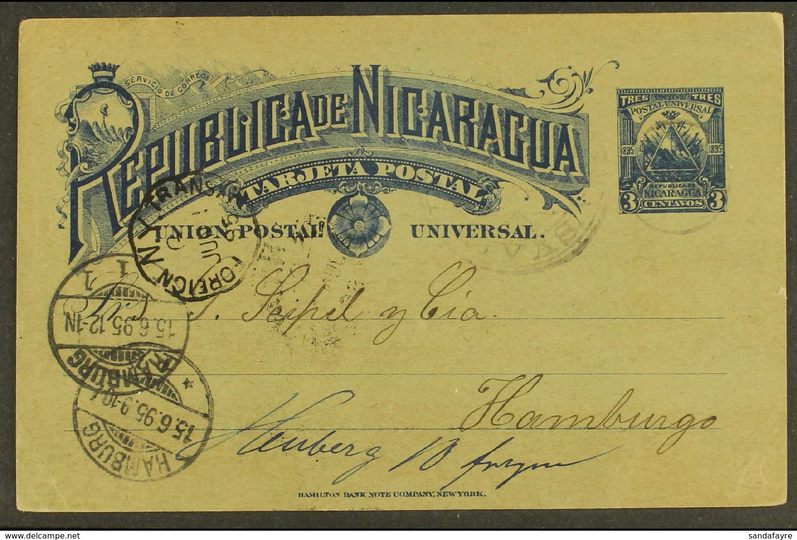 1895 (18 May) 3c Blue Postal Card From Rivas To Germany, Variously Cancelled Incl NY Foreign Transit Cds & Hamburg Recei - Nicaragua