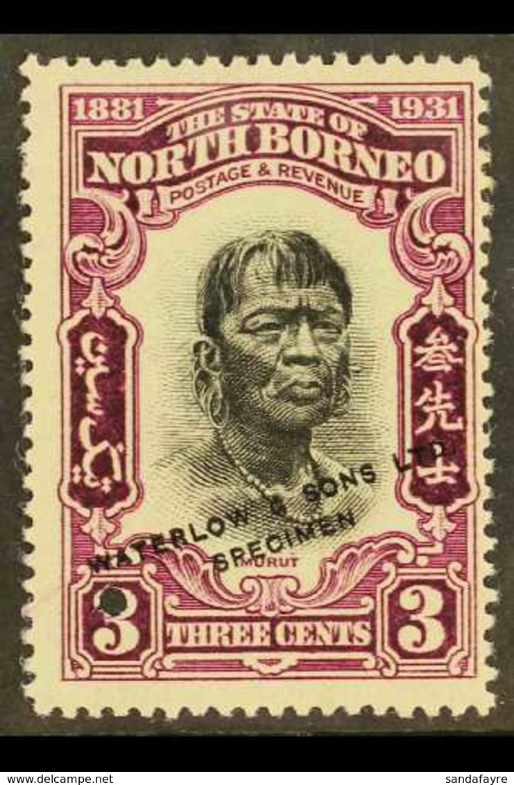 1931 3c "Head Of Murat Native" BNBC Anniversary SAMPLE COLOUR TRIAL In Black And Purple (issued In Black And Blue- Green - Noord Borneo (...-1963)
