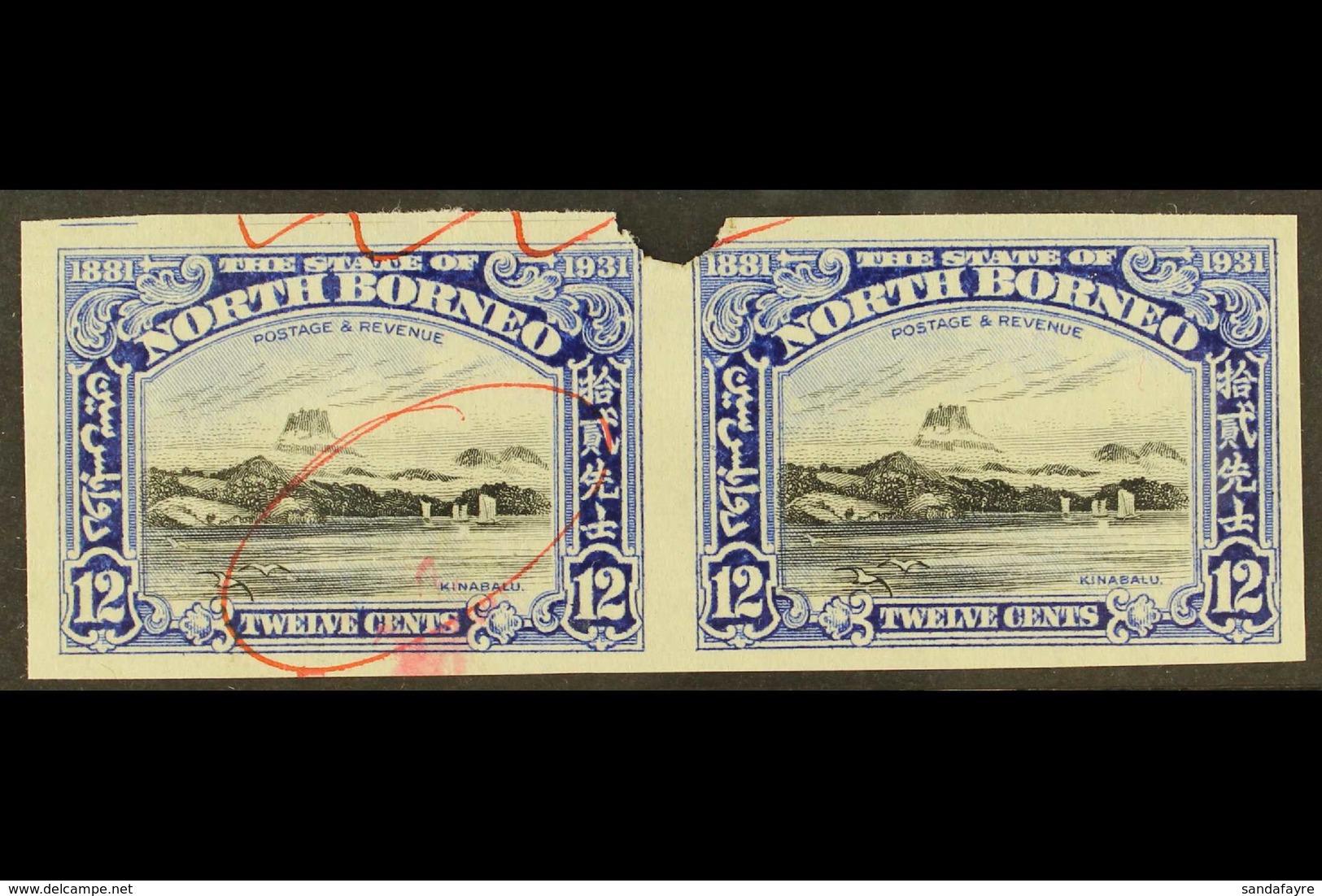 1931 IMPERF PLATE PROOFS. 1931 12c Black & Ultramarine 'Mount Kinabalu' (SG 298) Horizontal IMPERF PLATE PROOF PAIR From - North Borneo (...-1963)