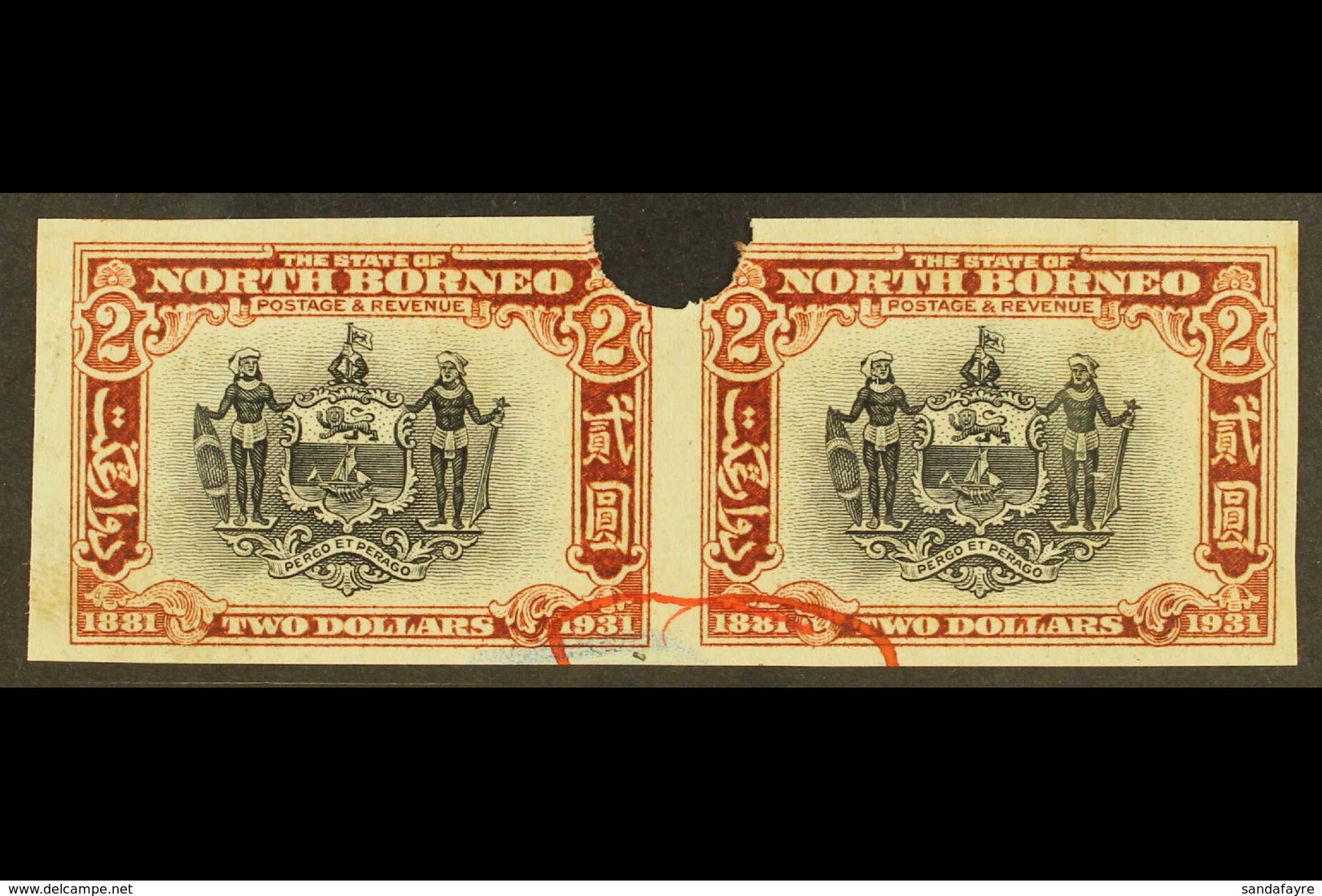 1931 IMPERF PLATE PROOFS. 1931 $2 Black & Chestnut 'Arms Of The Company' (SG 301) Horizontal IMPERF PLATE PROOF PAIR Fro - North Borneo (...-1963)