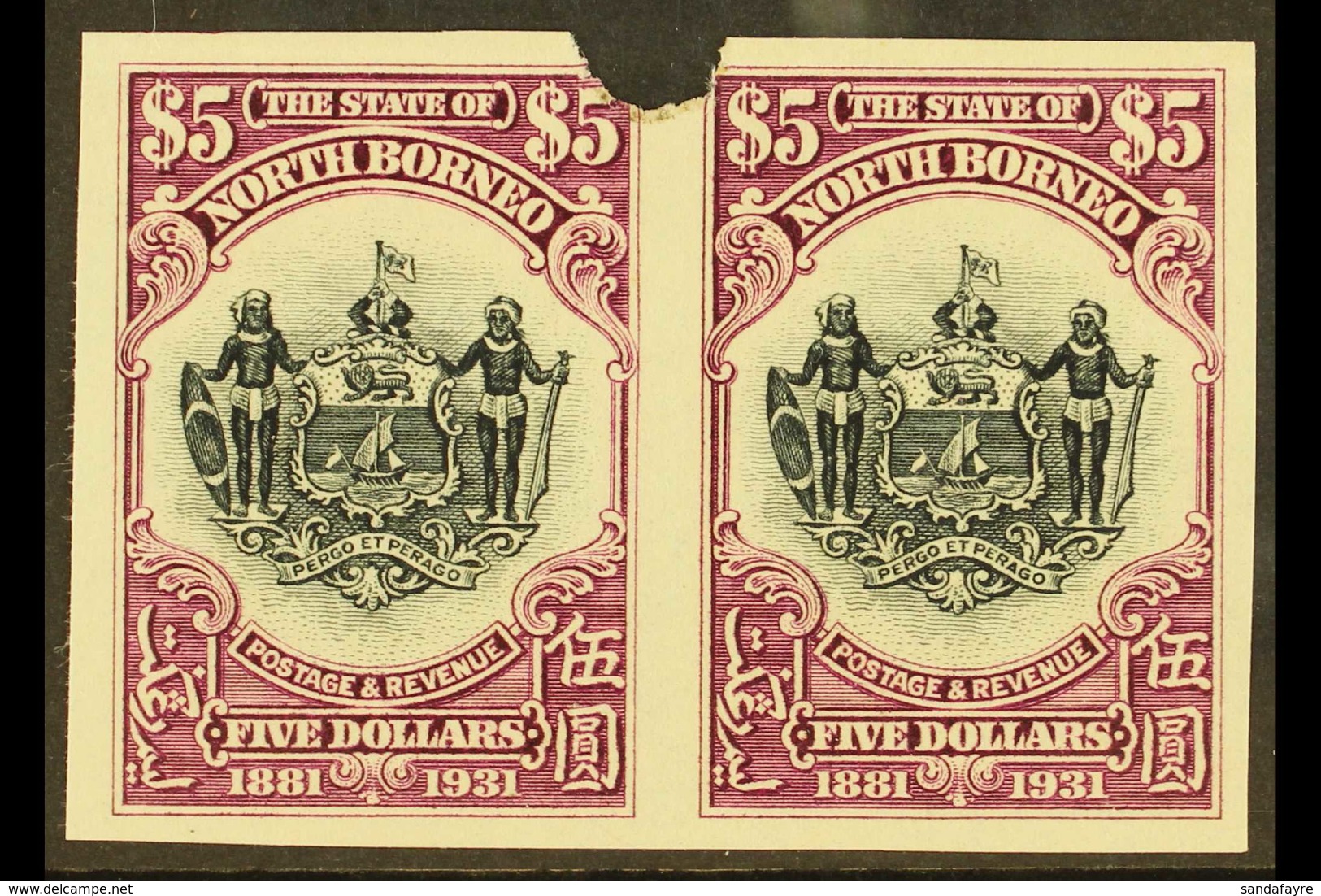 1931 IMPERF PLATE PROOFS. 1931 $5 Black & Purple 'Arms Of The Company' (SG 302) Horizontal IMPERF PLATE PROOF PAIR From  - Bornéo Du Nord (...-1963)