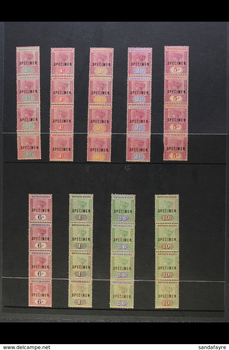 1900 Definitives Set Complete Overprinted "SPECIMEN" With Each Value As A VERTICAL STRIP OF 4. A Rare Group, These UPU S - Nigeria (...-1960)