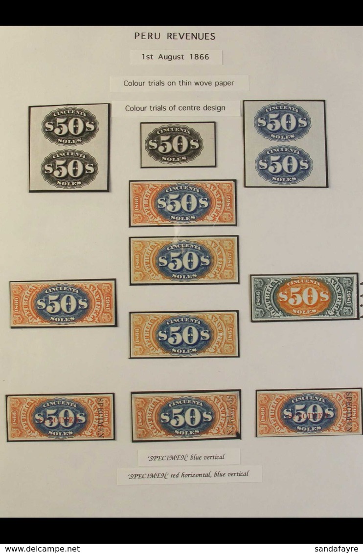 REVENUES 1866 IMPERF COLOUR PROOFS. An Interesting Collection Presented On Exhibition Pages, Includes 10c, 25c & 1s Impe - Peru