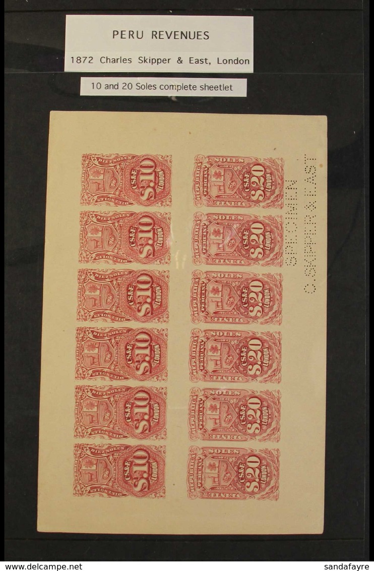 REVENUES 1872 10s & 20s Carmine IMPERF PROOFS Inscribed 'C S & E London' - A Complete SE-TENANT IMPERF SHEETLET Of 12 (c - Peru