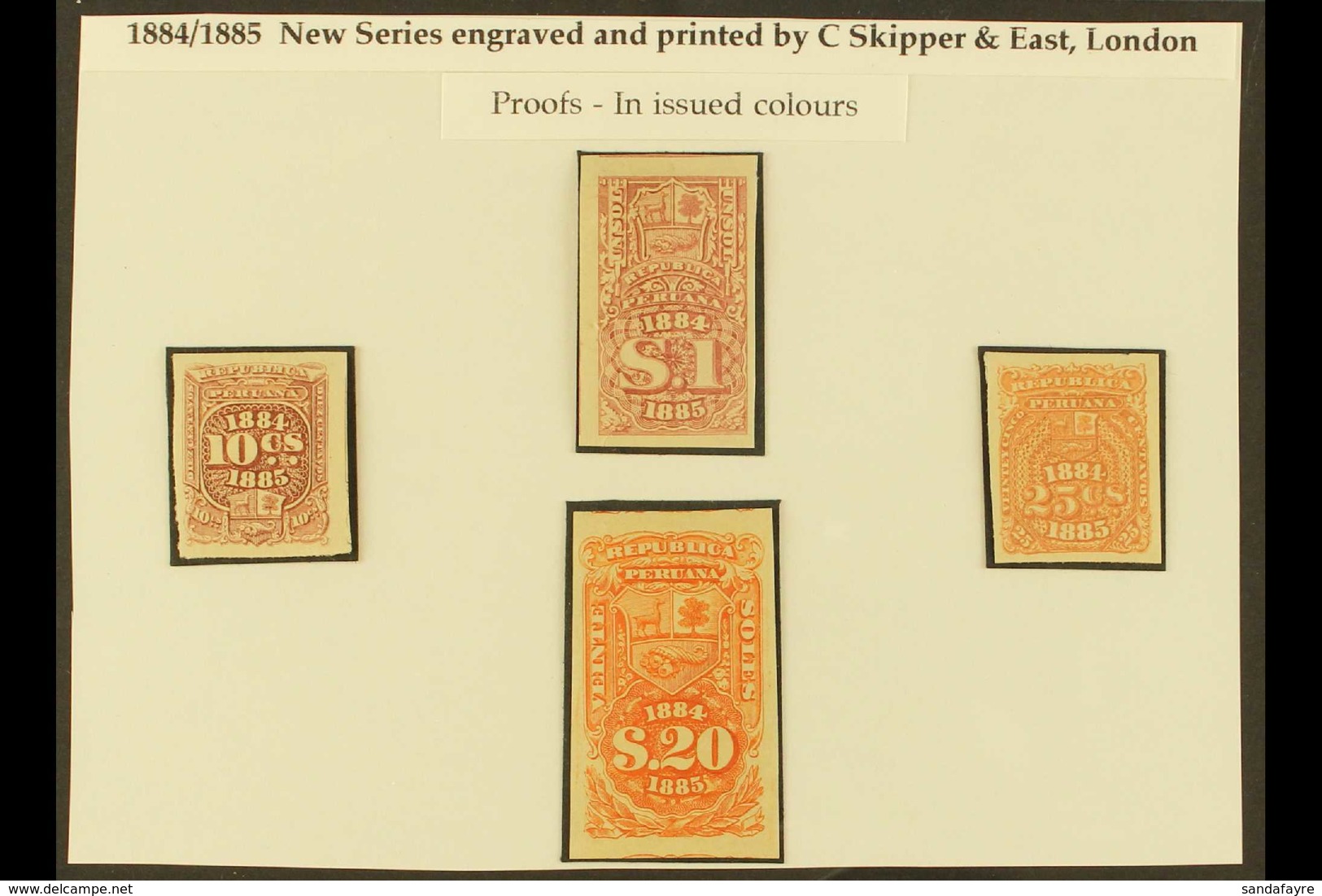 REVENUES 1884-85 10c Lilac-brown, 25c Pink, 1s Lilac & 20s Orange IMPERF PLATE PROOFS Printed On Gummed Paper. Fresh & S - Peru