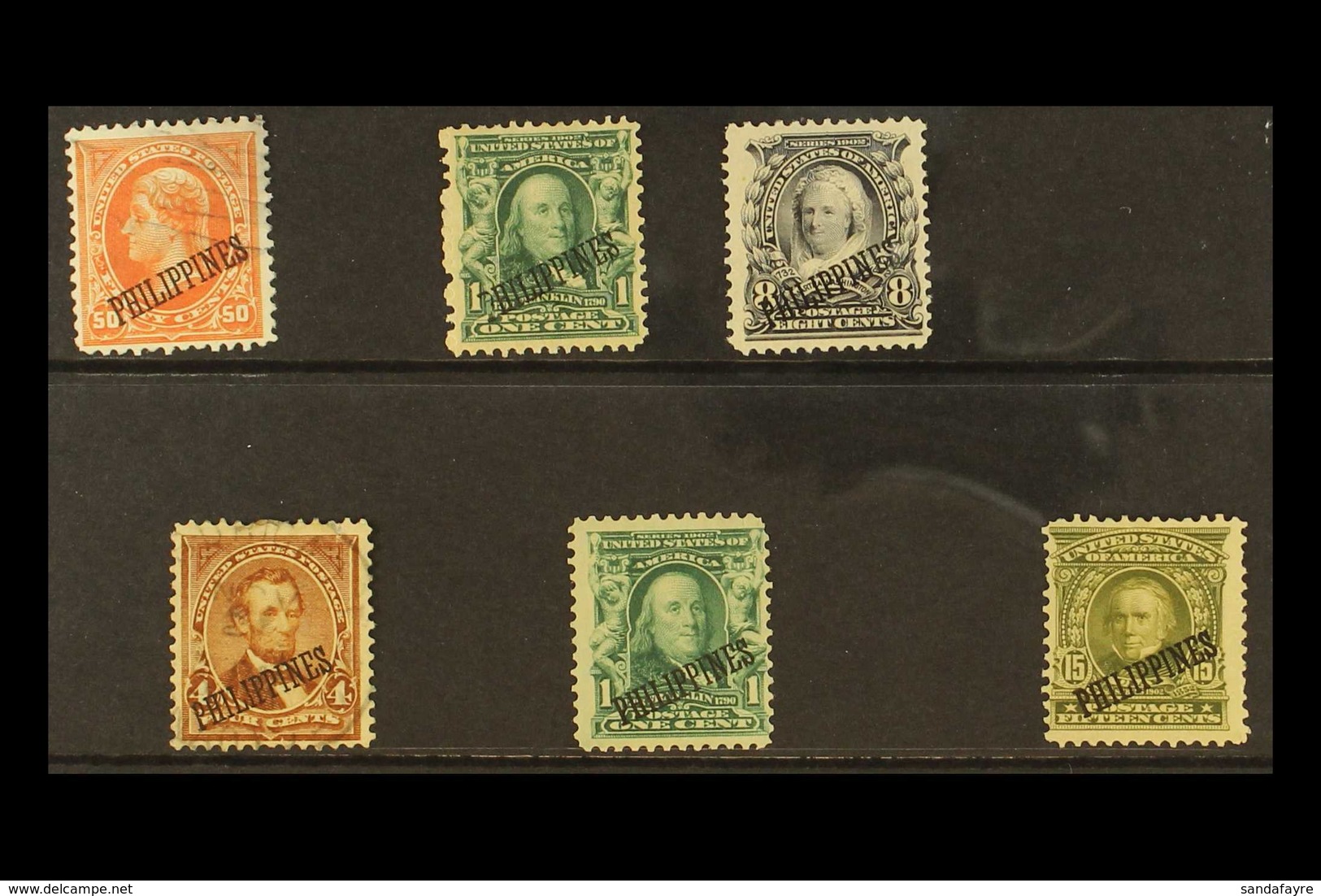 1899-1904 U S Administration "Philippines" Opt'd Mint & Used Selection On A Stock Card With Used 50c & 4c, Mint 1c's, 8c - Filippijnen