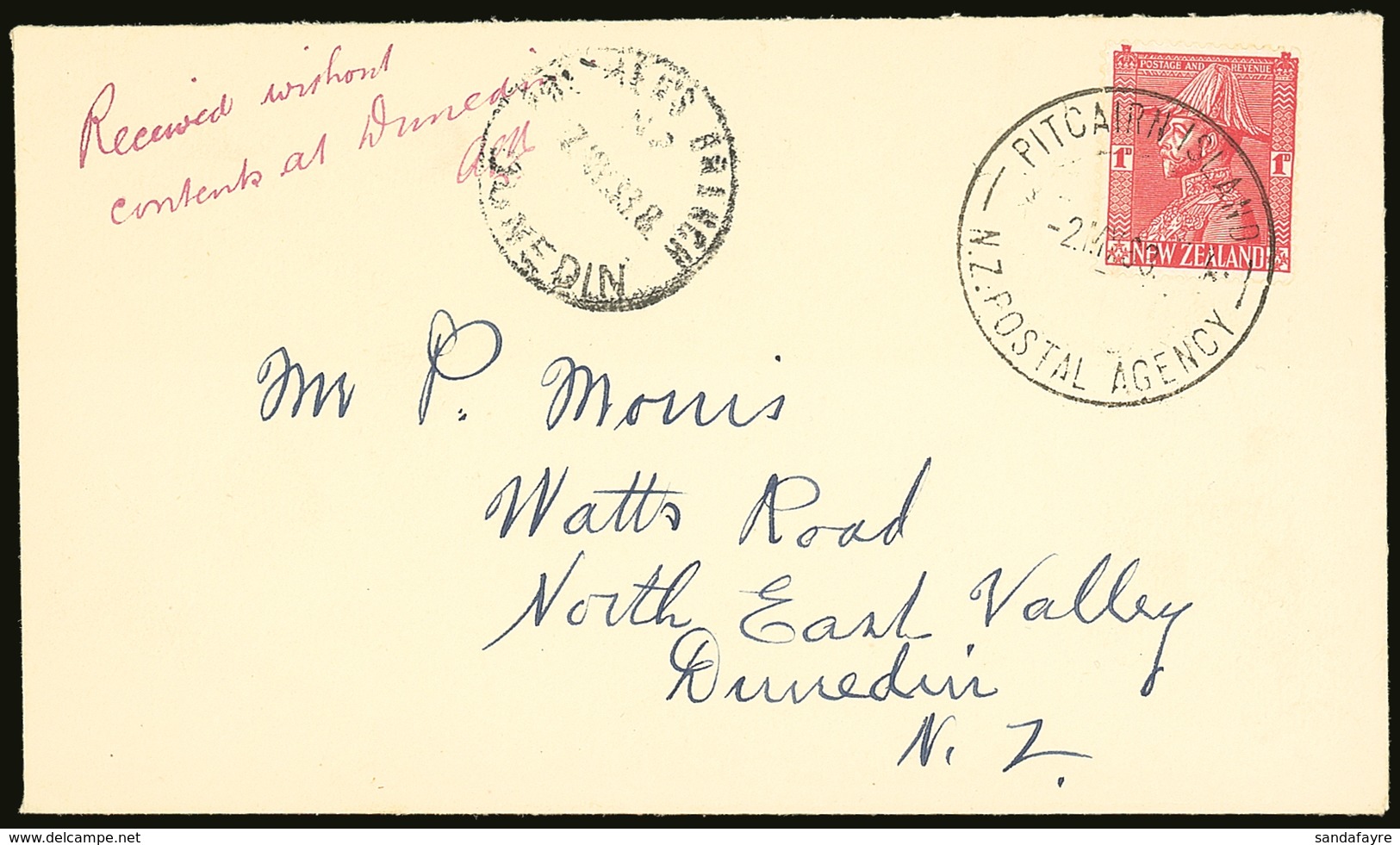 1933 (2 May) Env To Dunedin Bearing NZ 1d Admiral Tied Neat "PITCAIRN ISLAND / N.Z POSTAL AGENCY" Cds With The Dunedin A - Pitcairn