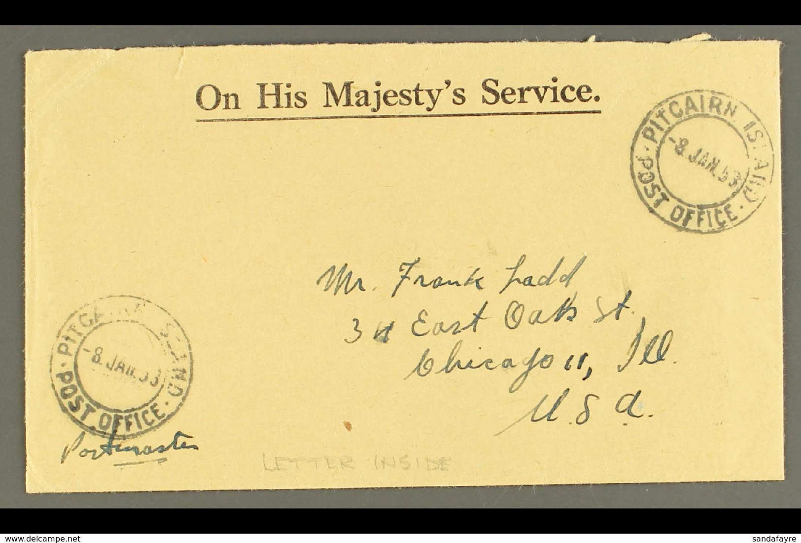1953 (8 Jan) Stampless Printed 'OHMS' Envelope To Chicago With Two Fine Strikes Of "Pitcairn Island Post Office" Cds, En - Pitcairneilanden