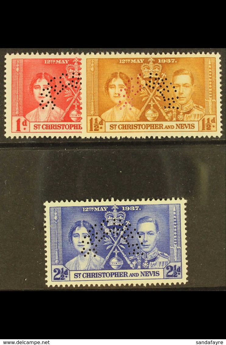 1937 Coronation Set, Perforated "Specimen", SG 65s/7s, Fine Mint, Large Part Og. (3 Stamps) For More Images, Please Visi - St.Kitts And Nevis ( 1983-...)