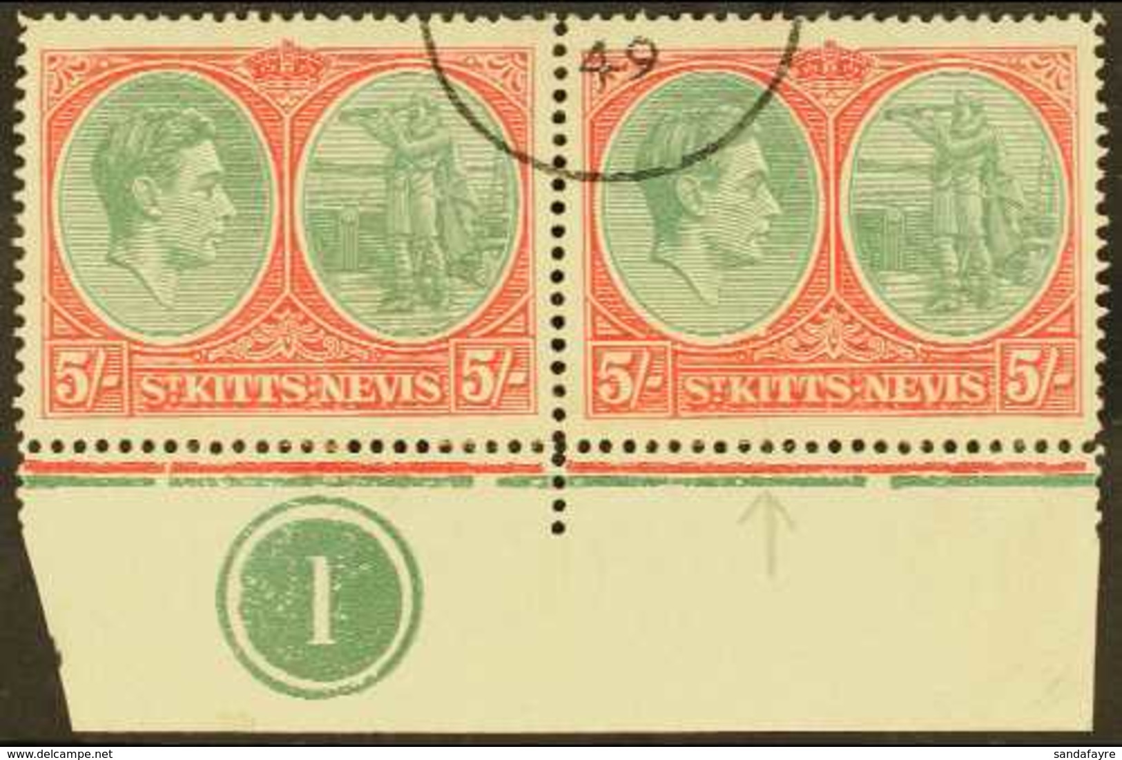 1938-50 5s Bluish Green And Scarlet, Ordinary Paper, Lower Marginal Plate Number Pair, One Showing Break In Oval At Foot - St.Kitts En Nevis ( 1983-...)