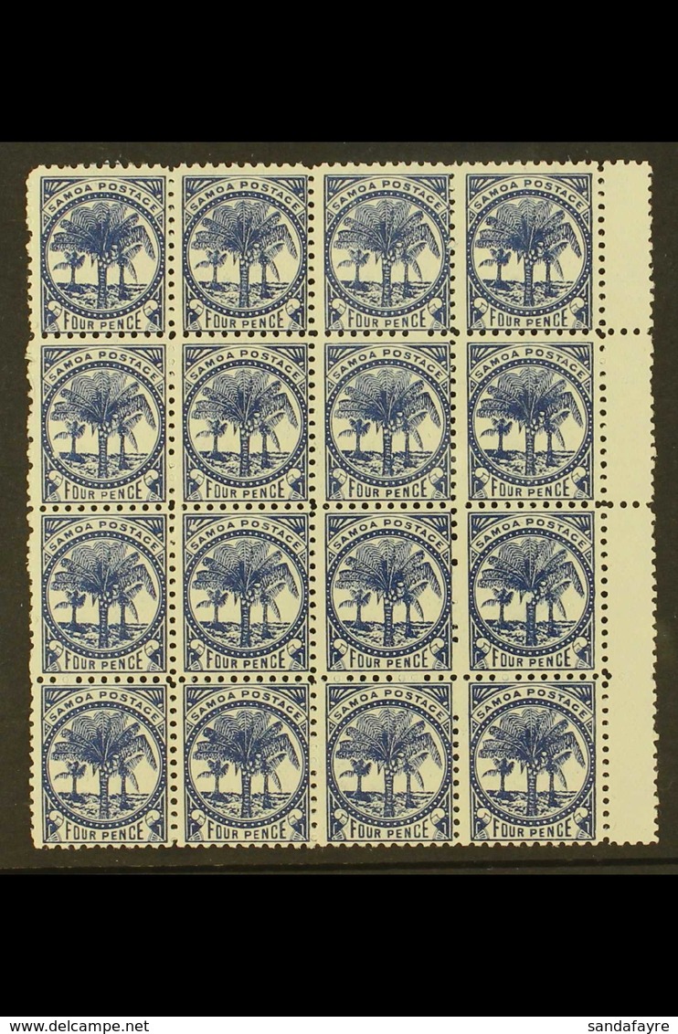 1886-1900 4d Deep Blue Palm Trees Watermark Type W 4b Perf 11, SG 61a, Never Hinged Mint Block Of 16 (4x4) With Gutter A - Samoa