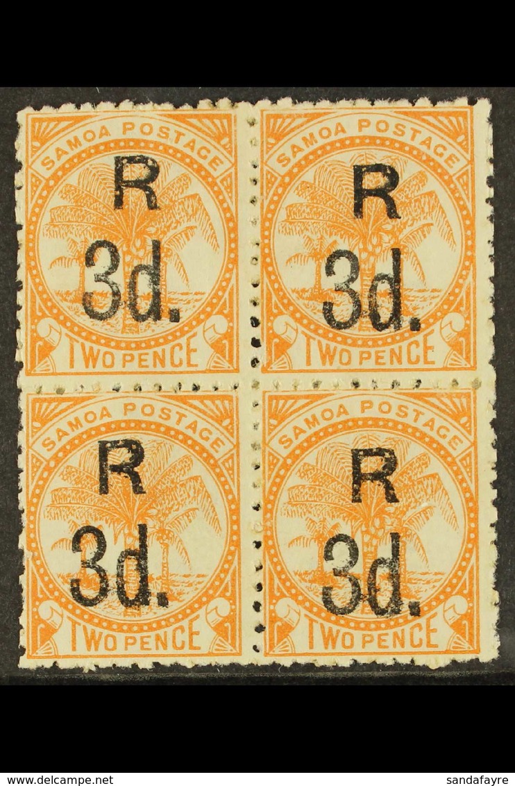 1895 3d On 2d Dull Orange, Perf 12x11½, SG 74, Mint BLOCK OF 4, Some Heavy Hinging / Re-enforcement. Scarce Multiple. Fo - Samoa