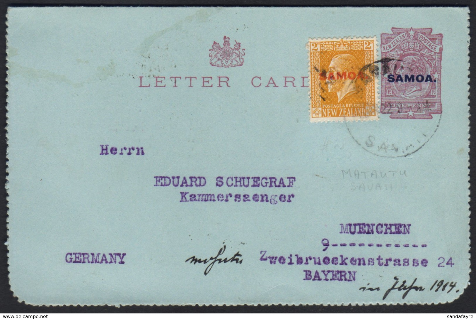 1916 1d Dull Claret  On Blue Letter Card, H&G 1, Uprated With 1918 2d Yellow Sent 1922 (16 March) From Safune Via Mataut - Samoa