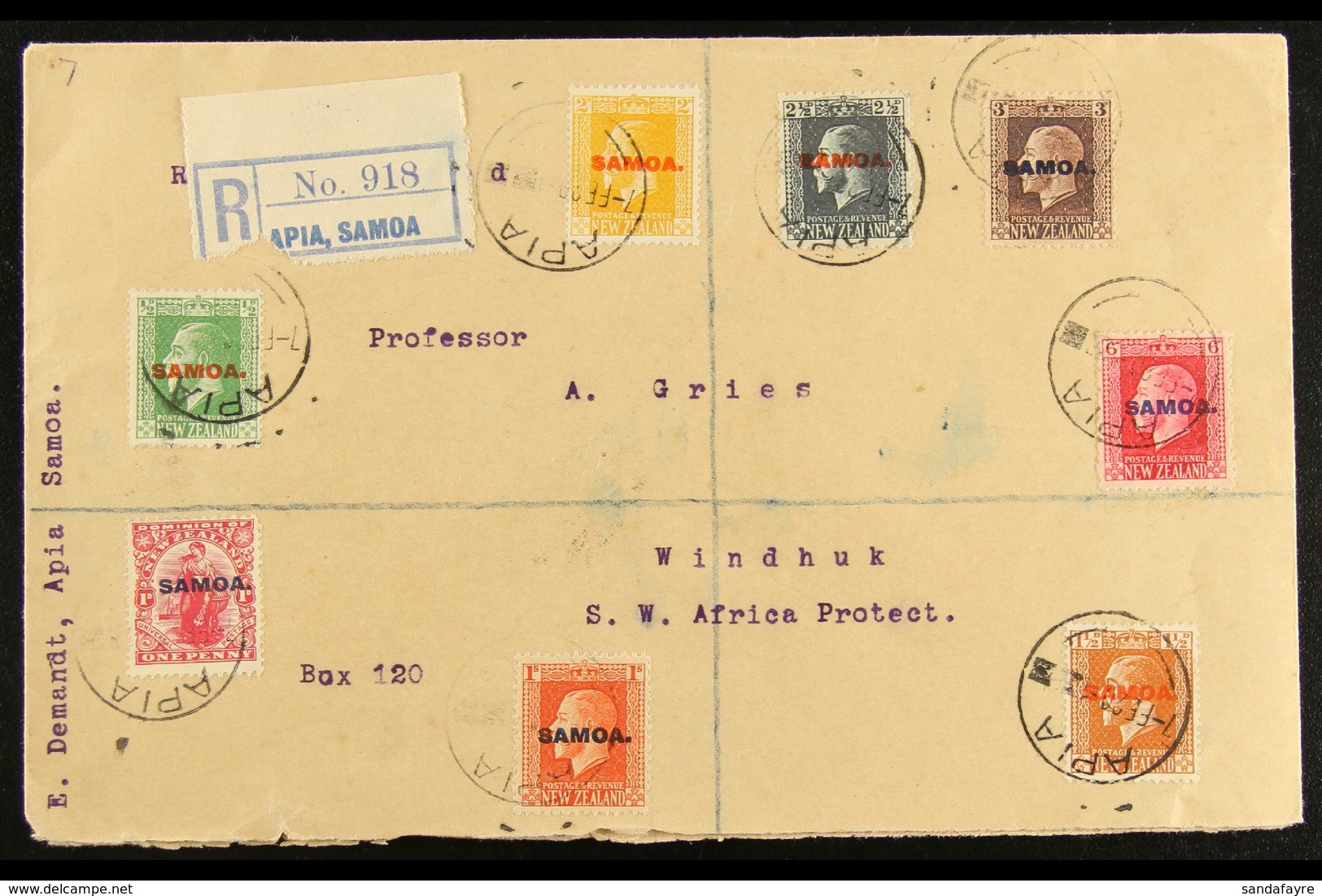 1920 REGISTERED COVER To South West Africa, Bearing Eight Different 1916-19 Opt Values To 1s. For More Images, Please Vi - Samoa (Staat)