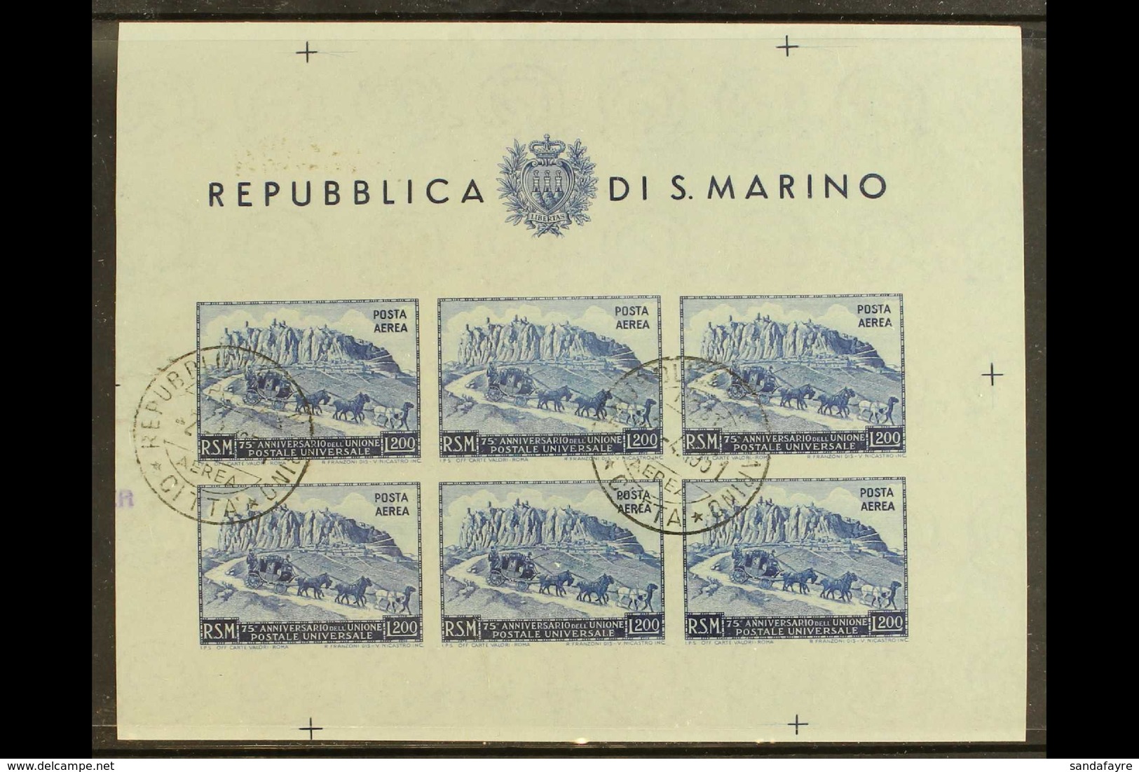 1951 200L Blue AIR UPU, Imperf Miniature Sheet, Sassone 11, Used, Small Imperfections. Cat €400 (£300) For More Images,  - Sonstige & Ohne Zuordnung