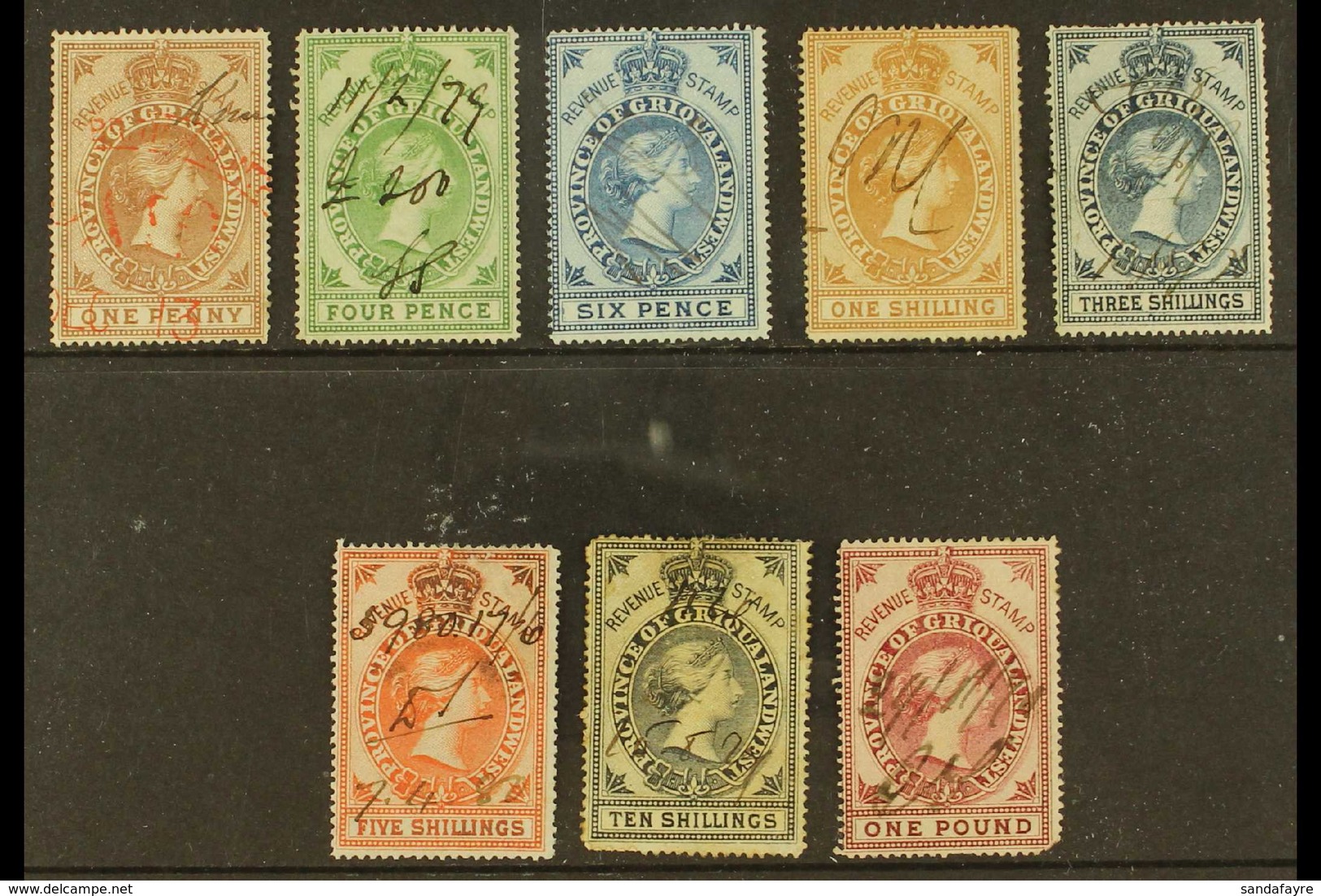 GRIQUALAND REVENUES 1879 1d Brown, 4d Green, 6d Blue, 1s Brown, 3s Blue, 5s Orange, 10s Black And £1 Red, Barefoot 60/62 - Unclassified