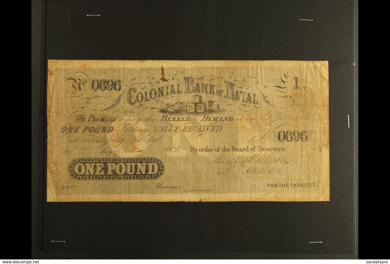 NATAL 1862 £1 COLONIAL BANK OF NATAL Banknote, Intact, Soiled, Folded & Pressed!. Scarce For More Images, Please Visit H - Zonder Classificatie