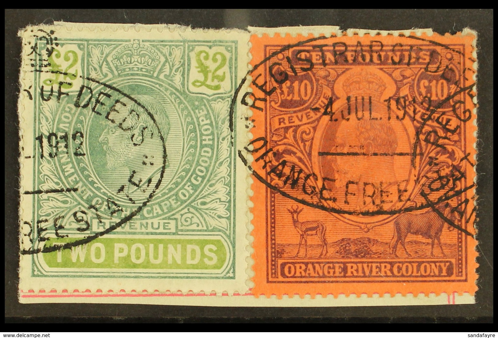 ORANGE RIVER COLONY REVENUES - INTERPROVINCIAL USE Piece Dated 4.7.12 With O.R.C. 1905 £10 Brown & Purple On Red (Barefo - Ohne Zuordnung