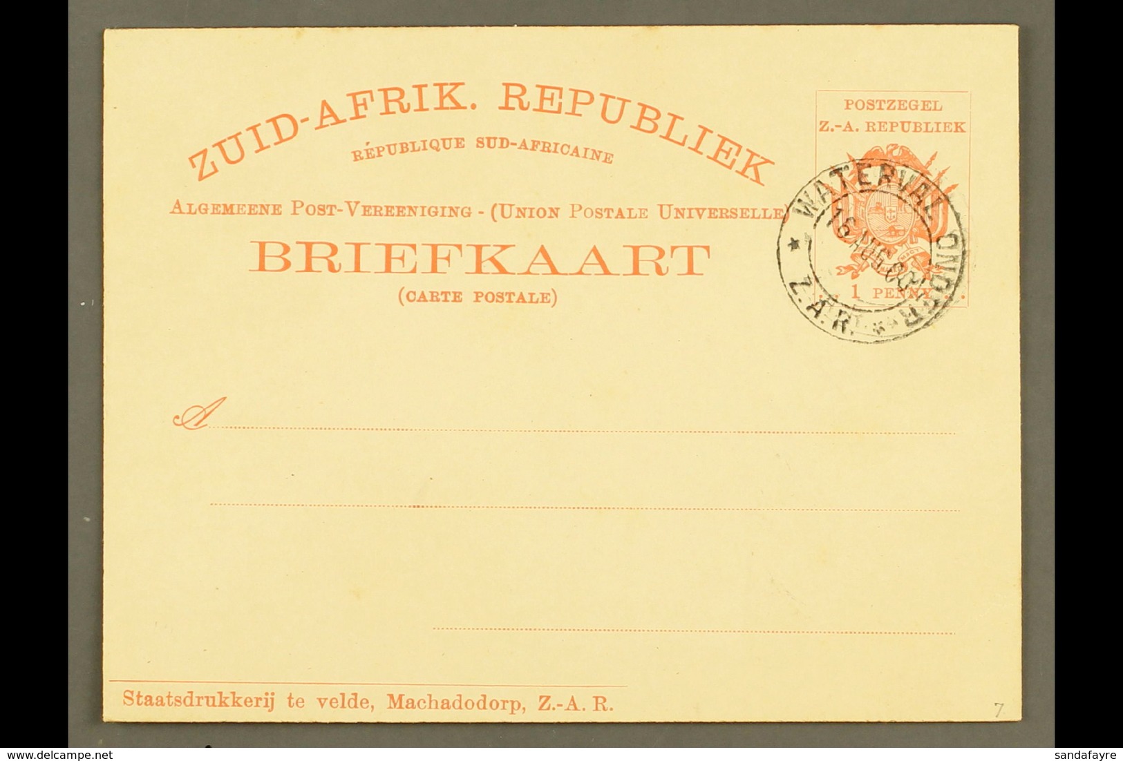 TRANSVAAL (ZAR) POSTAL STATIONERY 1900 1d Postal Card, H&G 7, Very Fine With WATERVAAL ONDER / Z.A.R Cto Cancellation Of - Zonder Classificatie