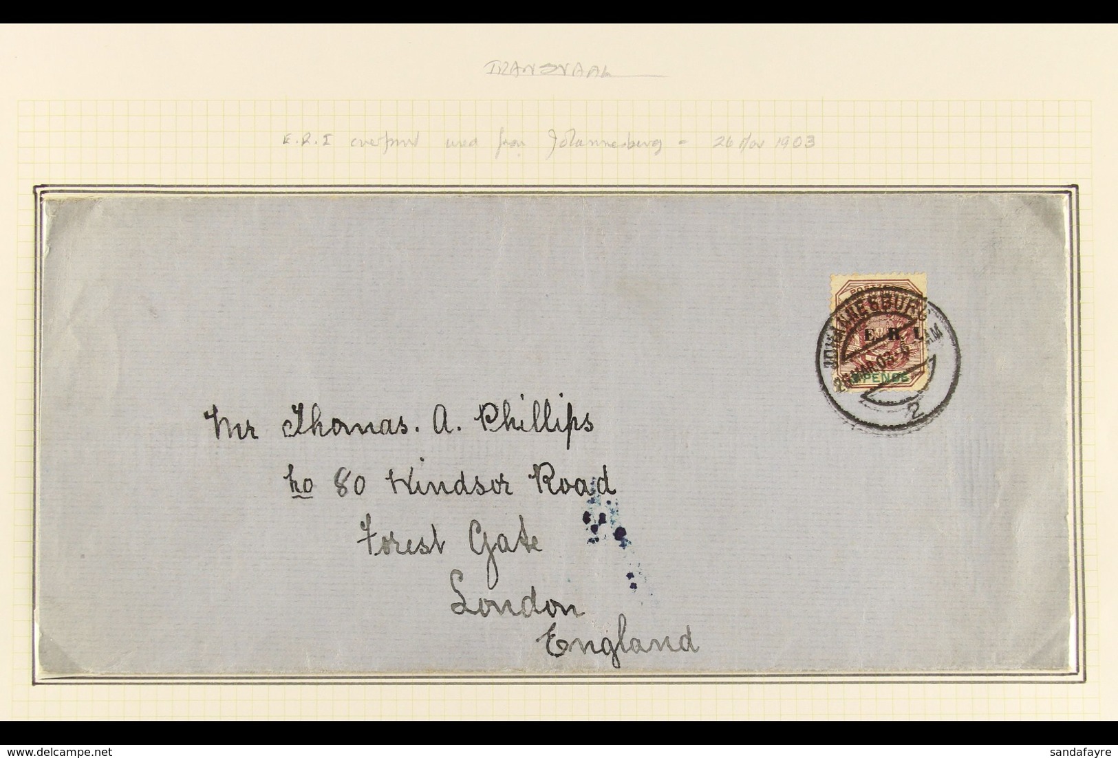 TRANSVAAL 1903 (March) Commercial Cover To London, England, Bearing 1901-02 3d ERI Opt, SG 240, Tied By Johannesburg Cds - Ohne Zuordnung