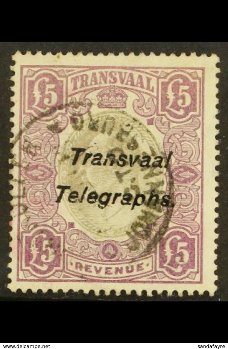 TRANSVAAL TELEGRAPHS 1903 "Transvaal Telegraphs" On £5 Purple And Grey Revenue, FOURNIER FORGERY, As Hiscocks 25, Used.  - Zonder Classificatie