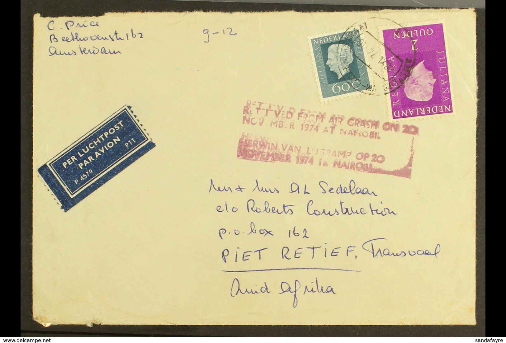 1974 NAIROBI LUFTHANSA CRASH COVER Netherlands To South Africa Cover With "RETRIEVED FROM AIR CRASH ON 20 NOVEMBER 1974  - Ohne Zuordnung