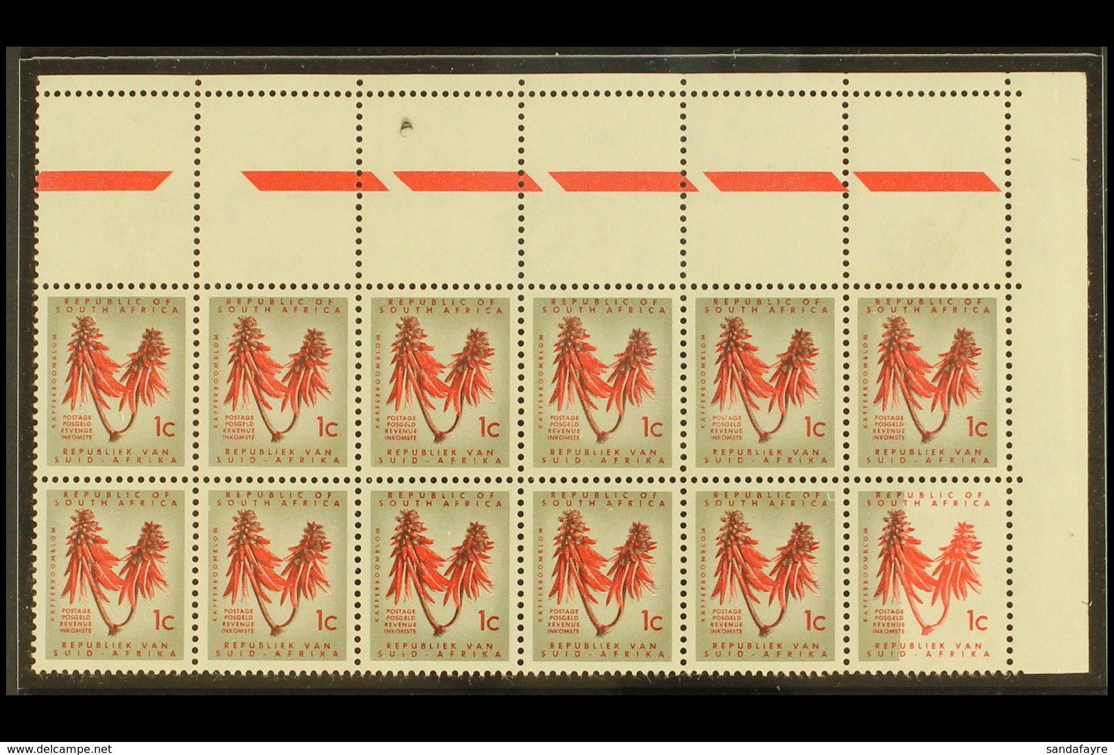 RSA VARIETY 1961 1c Red & Olive-grey, Type I, Wmk Coat Of Arms, Corner Block Of 12 With LARGE INTRUSION On One Stamp, Ca - Ohne Zuordnung