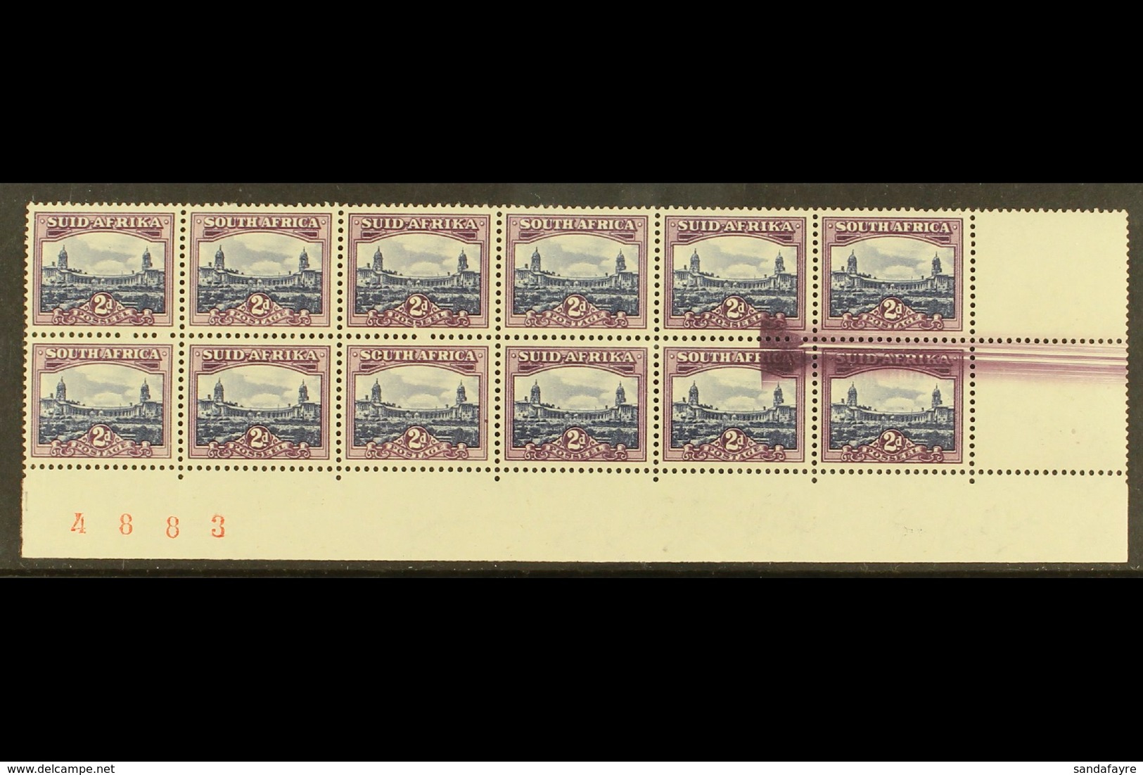 UNION VARIETY 1950-1 2d Blue & Violet, Ex Cylinder 18/30, Issue 15, Corner Marginal Block Of 12 With LARGE SCREEN FLAW A - Ohne Zuordnung