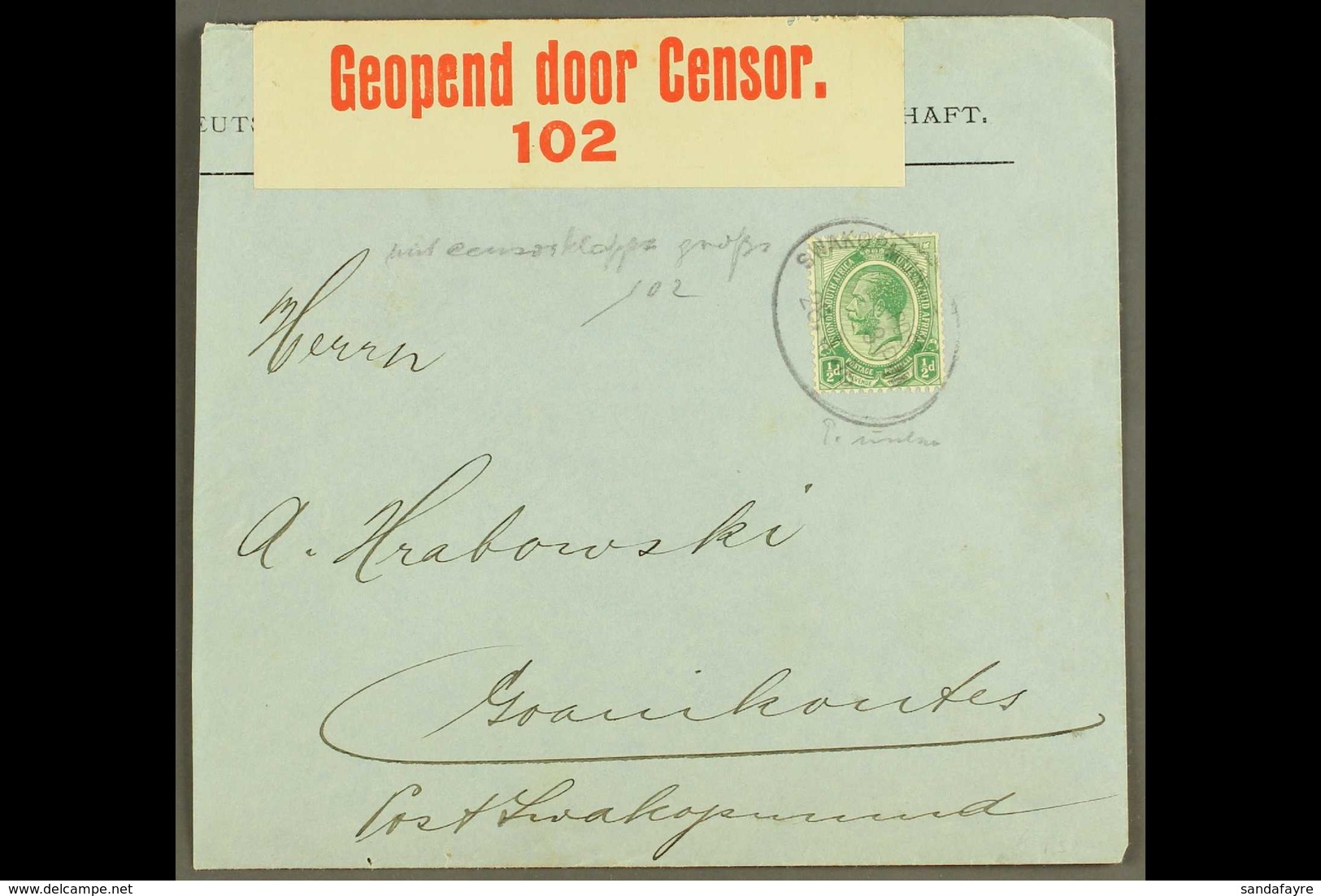 1916 (28 Mar) Printed Cover To Goanikontes Bearing ½d Union Stamp Tied By Swakopmund Oval Pmk, And With Bilingual Censor - South West Africa (1923-1990)