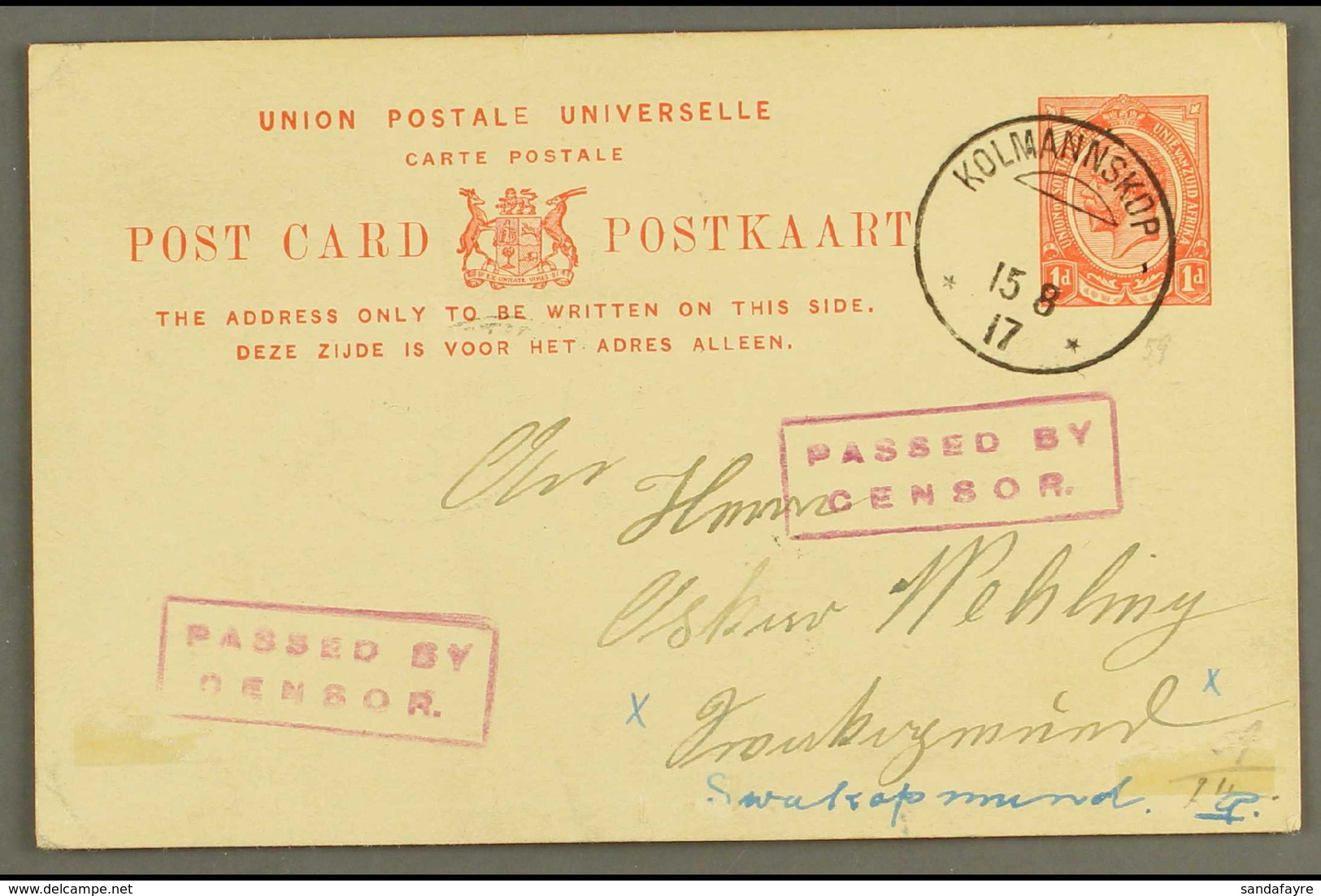 1917 (15 Aug) 1d Union Postal Card To Swakopmund Cancelled Very Fine "KOLMANNSKOP" Cds (Putzel Type B3) With Two Violet  - Zuidwest-Afrika (1923-1990)